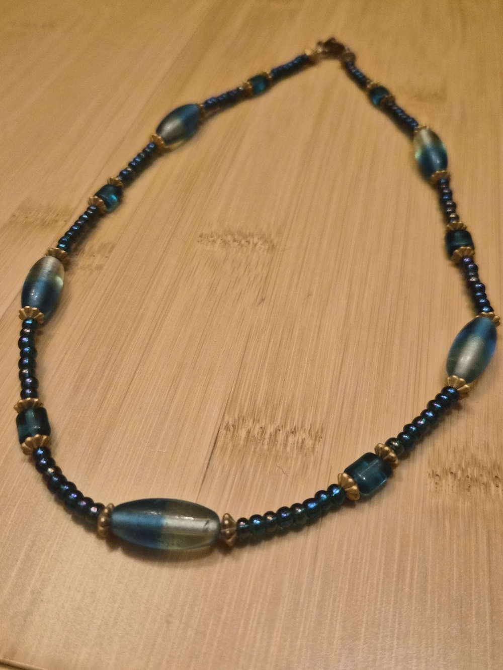 Vintage Teal Blue Ombre Glass Bead Necklace Gold Tone Accents